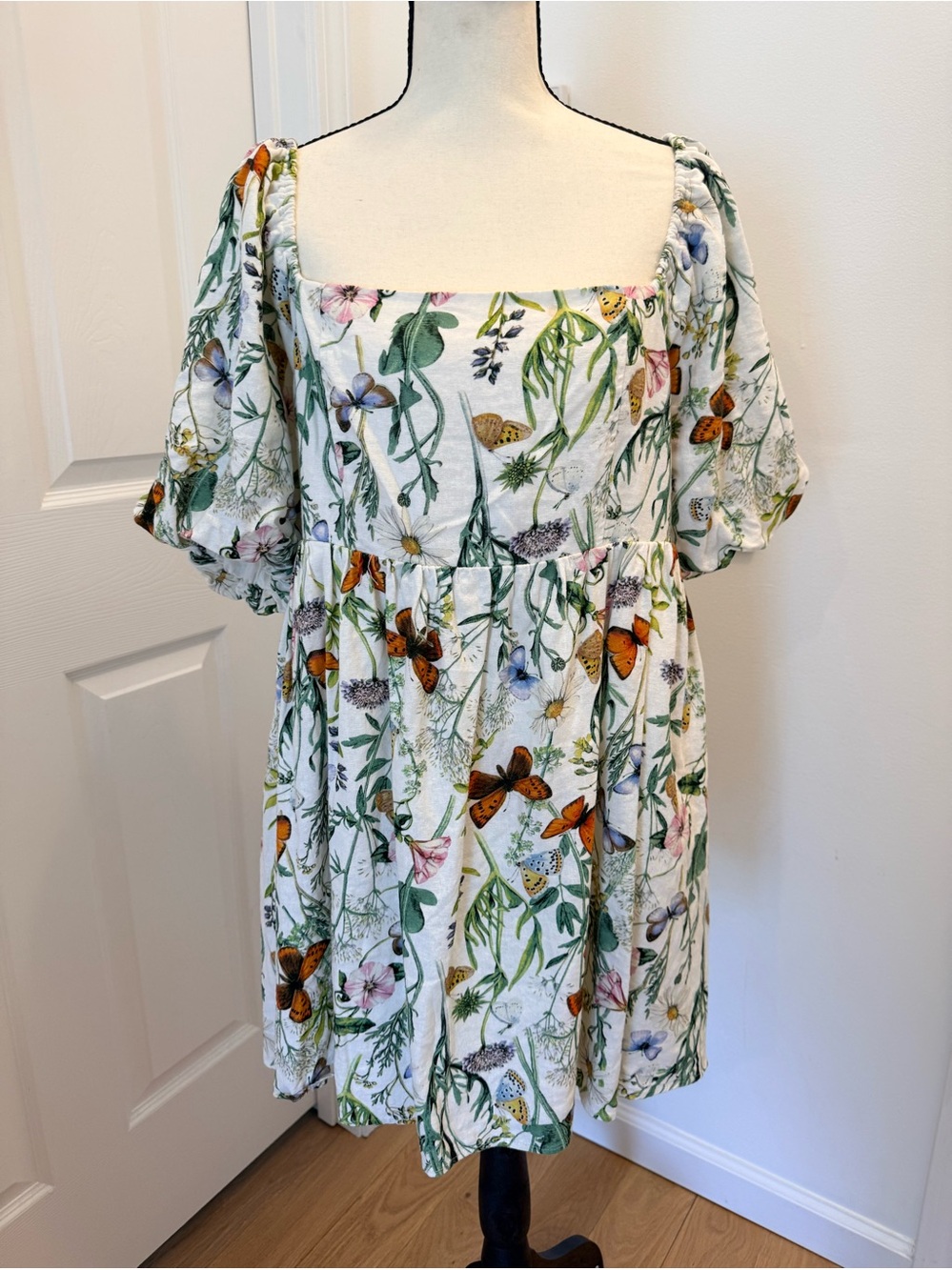 AVEC LES FILLES Floral Puff Sleeve Linen Blend Mini Dress